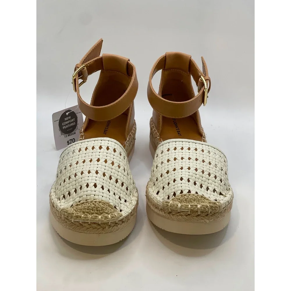 St. Johns Bay Carlton Cream Multi Espadrille Ankle Strap Sandals Womens 7.5 M